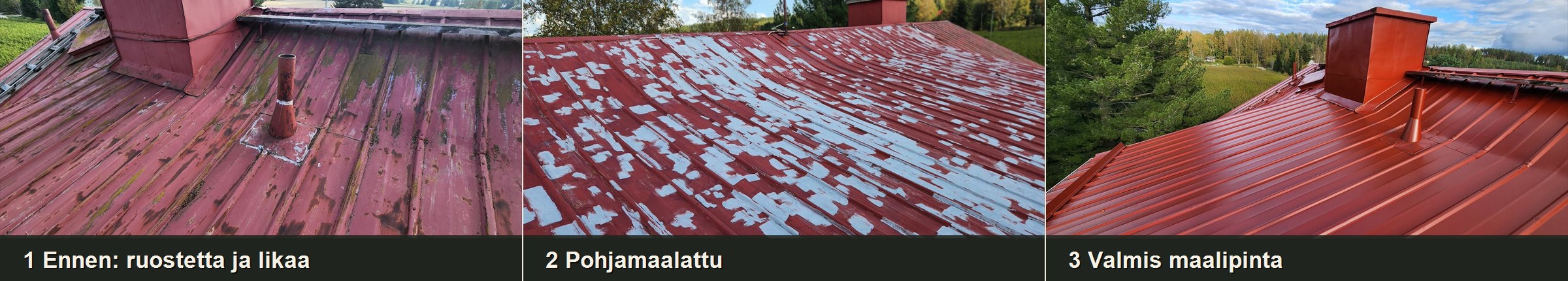 Peltikaton huoltomaalauksen vaiheet: ruosteinen katto, pohjamaalattu pinta ja valmis maalipinta.