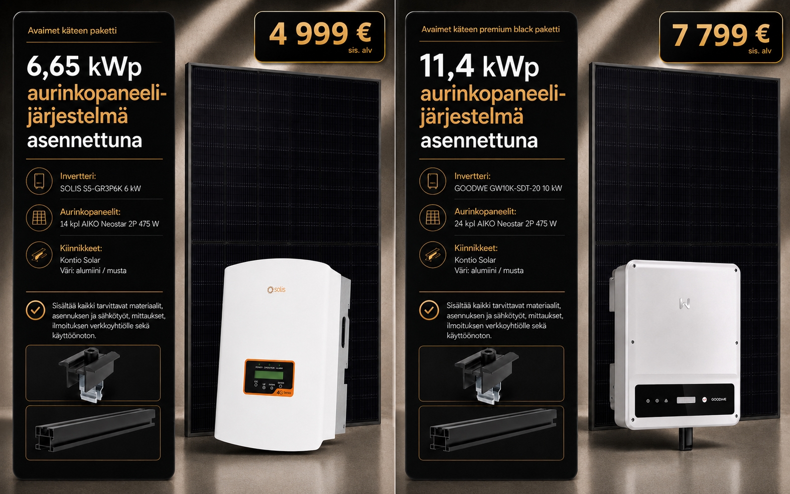 Aurinkopaneelien pakettiesimerkkejä: 6,65 kWp ja 11,4 kWp avaimet käteen aurinkopaneelijärjestelmä asennettuna